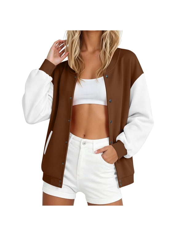 Women's Baseball Varsity Jacket Causal Button Down Bomber Jacket Lightweight Colorblock Sweatshirts Coat
