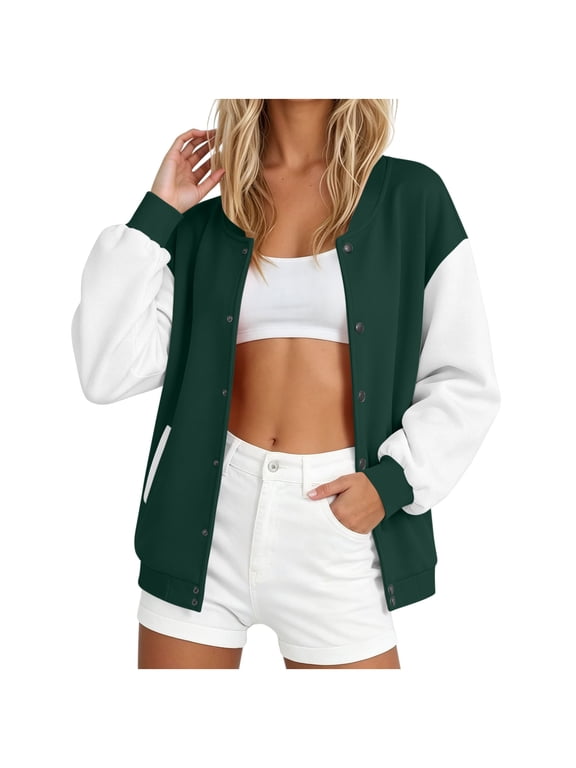 Women's Baseball Varsity Jacket Causal Button Down Bomber Jacket Lightweight Colorblock Sweatshirts Coat