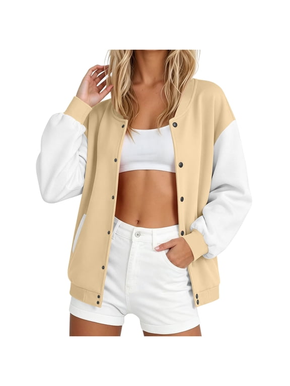 Women's Baseball Varsity Jacket Causal Button Down Bomber Jacket Lightweight Colorblock Sweatshirts Coat