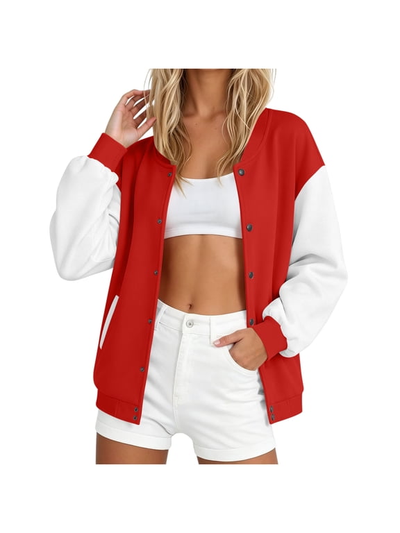 Women's Baseball Varsity Jacket Causal Button Down Bomber Jacket Lightweight Colorblock Sweatshirts Coat