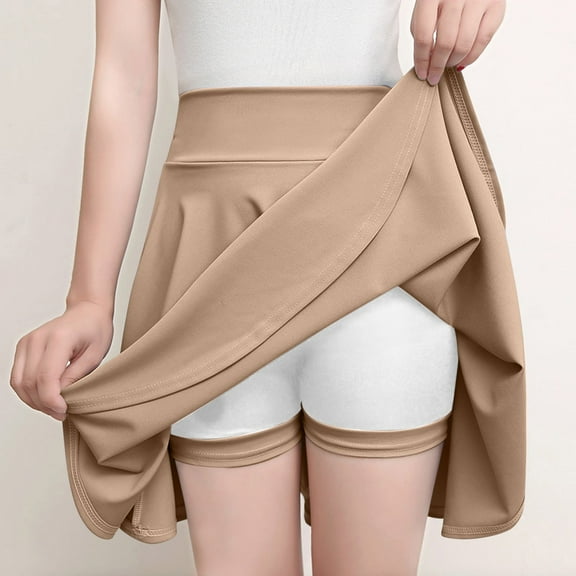 Women's Basic A-Line Skirt Summer Shorts Skirt School Pleated Casual Mini Skater Plus Size Flared Skirt Khaki M