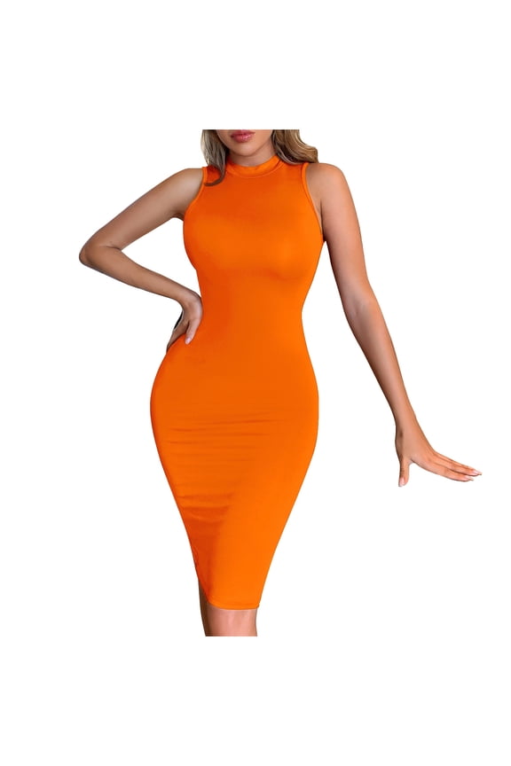 Women's Basic Bodycon Dress Round Neck Tank Top Sleeveless Pencil Long Dresses Club Party Dresses Slim Fit Dresses Knee Length Dress