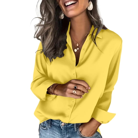 Women’s Basic Button Down Shirt – Casual Long Sleeve Solid Color Blouse, Lightweight Loose Fit Top Yellow