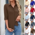 thumbnail image 1 of Women's Basic Button Down Shirts 3/4 Sleeve Stretch Button Up Dress Shirt Slim Fit Waitress Work Shirts Brown L, 1 of 6