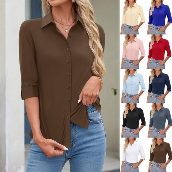 Women's Basic Button Down Shirts 3/4 Sleeve Stretch Button Up Dress Shirt Slim Fit Waitress Work Shirts Brown L