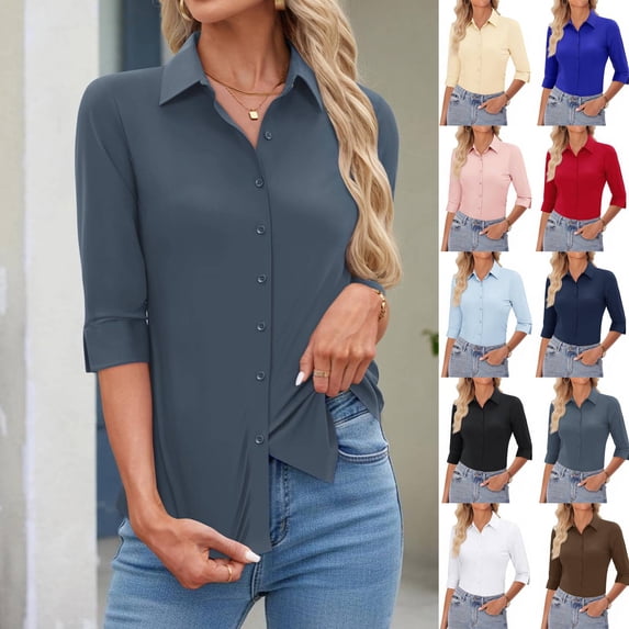 Women's Basic Button Down Shirts 3/4 Sleeve Stretch Button Up Dress Shirt Slim Fit Waitress Work Shirts Gray S