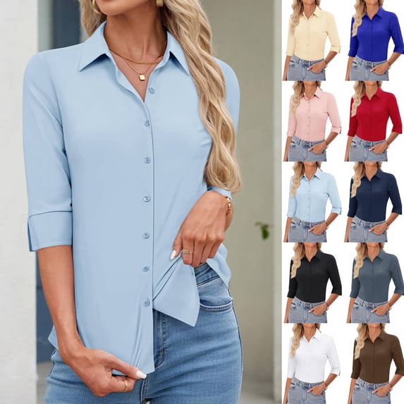 Women's Basic Button Down Shirts 3/4 Sleeve Stretch Button Up Dress Shirt Slim Fit Waitress Work Shirts Light Blue S