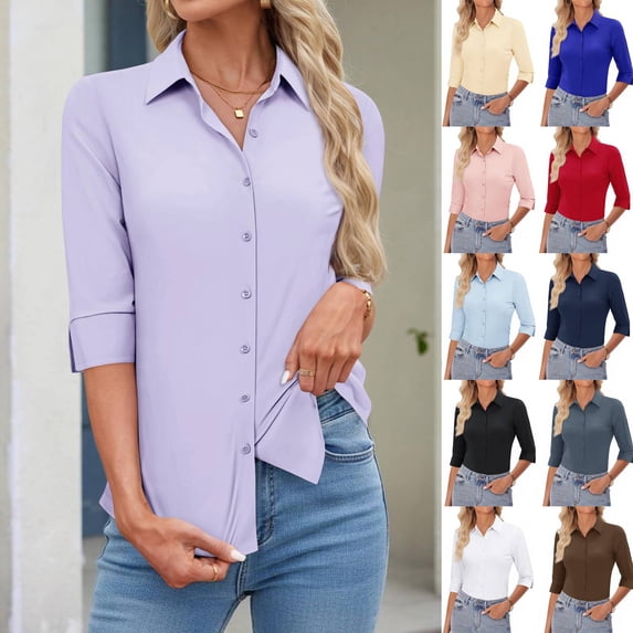 Women's Basic Button Down Shirts 3/4 Sleeve Stretch Button Up Dress Shirt Slim Fit Waitress Work Shirts Light Purple XL