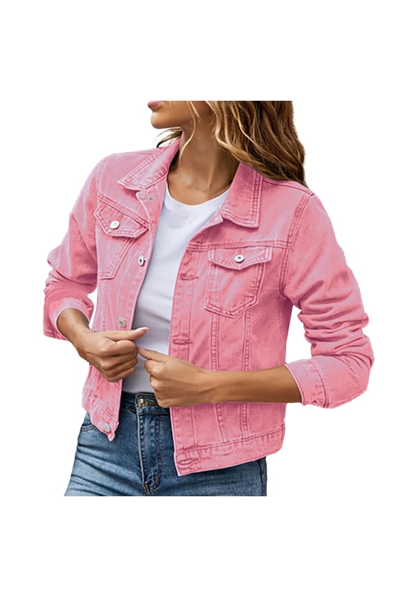 Jean Jacket for Women Women's Basic Button Down Stretch Fitted Long Sleeves Denim Jacket