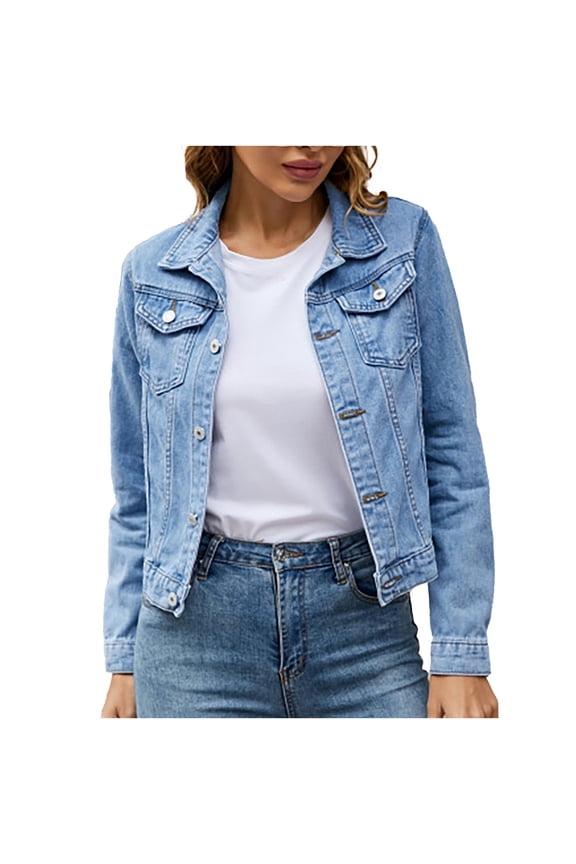 Jean Jacket for Women Women's Basic Button Down Stretch Fitted Long Sleeves Denim Jacket