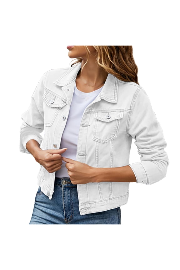 Jean Jacket for Women Women's Basic Button Down Stretch Fitted Long Sleeves Denim Jacket