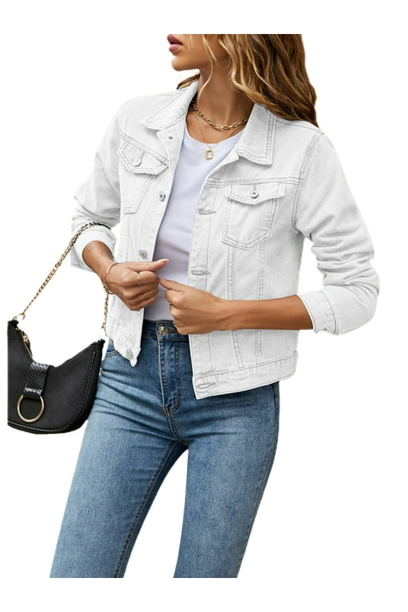 Women's Basic Button Down Stretch Fitted Long Sleeves Denim Jean Jacket