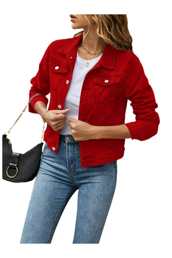 Women's Basic Button Down Stretch Fitted Long Sleeves Denim Jean Jacket