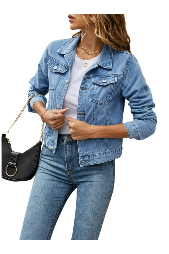 Women's Basic Button Down Stretch Fitted Long Sleeves Denim Jean Jacket