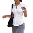 thumbnail image 1 of Women's Basic Button Up Shirt Short Sleeve Button Down Collared Shirts Work Shirt White S, 1 of 4