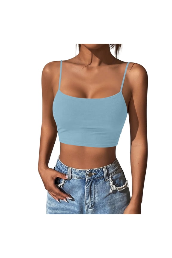 Women's Basic Camisole Crew Neck Sleeveless Solid Color Cropped Halter Summer Casual Slim Tunic Blouse (M, Light Blue)