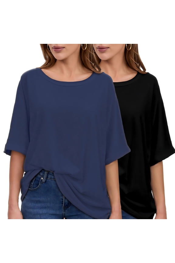 Women's Basic Casual 2 Pack Summer T Shirts Oversized Loose Short Sleeve Tee Tops Black/Heather dark blue