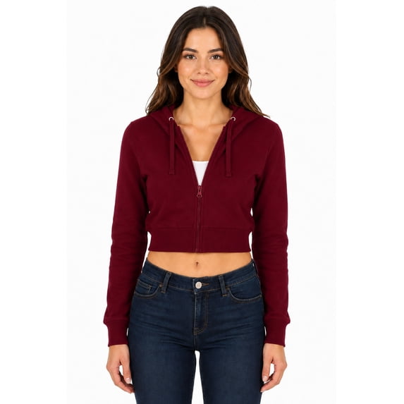 Women's Basic Casual Cotton Fleece Long Sleeves Solid Full-Zip Cropped Sweatshirt Hoodie