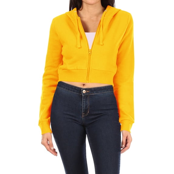 Women's Basic Casual Cotton Fleece Long Sleeves Solid Full-Zip Cropped Sweatshirt Hoodie