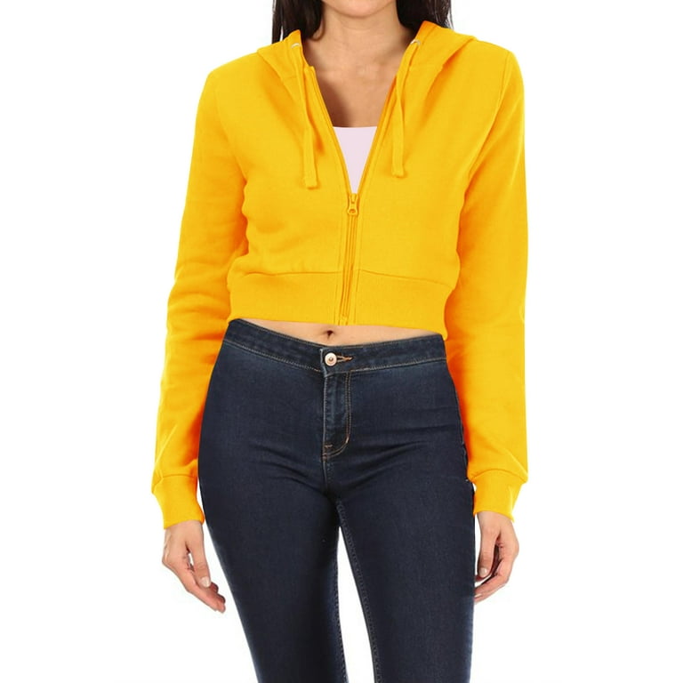 Women s Basic Casual Cotton Fleece Long Sleeves Solid Full Zip Cropped Sweatshirt Hoodie Mustard M
