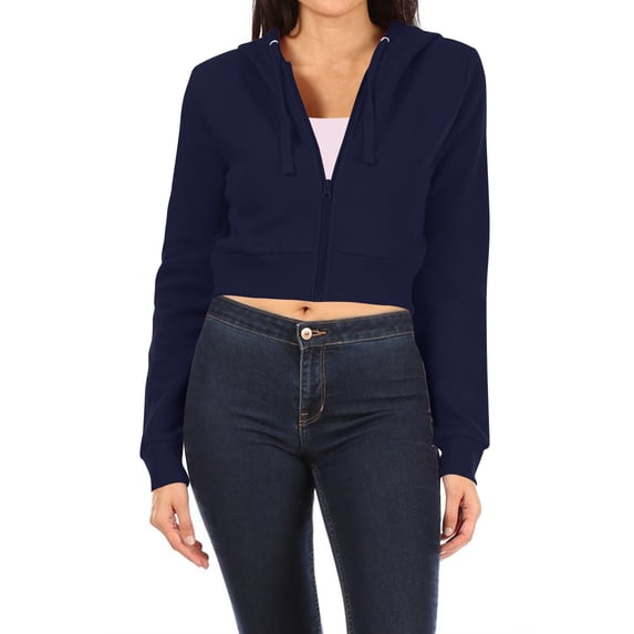 Women's Basic Casual Cotton Fleece Long Sleeves Solid Full-Zip Cropped Sweatshirt Hoodie