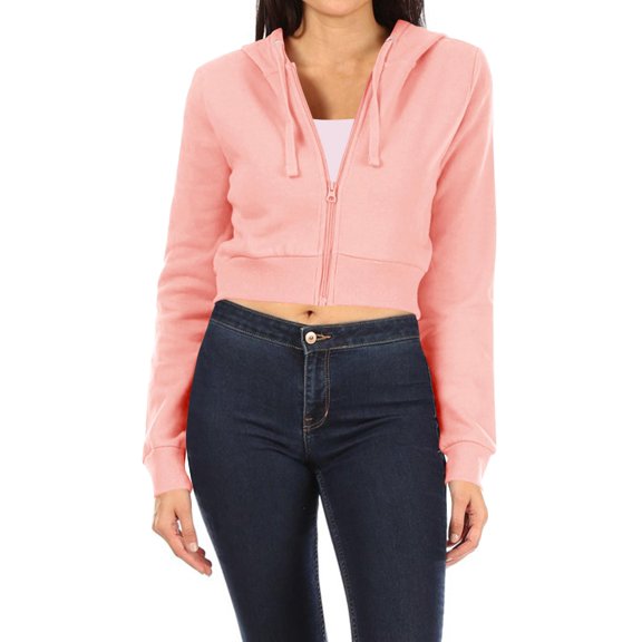 Women's Basic Casual Cotton Fleece Long Sleeves Solid Full-Zip Cropped Sweatshirt Hoodie
