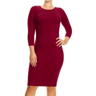 Women's Basic Casual Plus Size Stretch 3/4 Sleeves Solid Slim Fit Bodycon Midi Dress