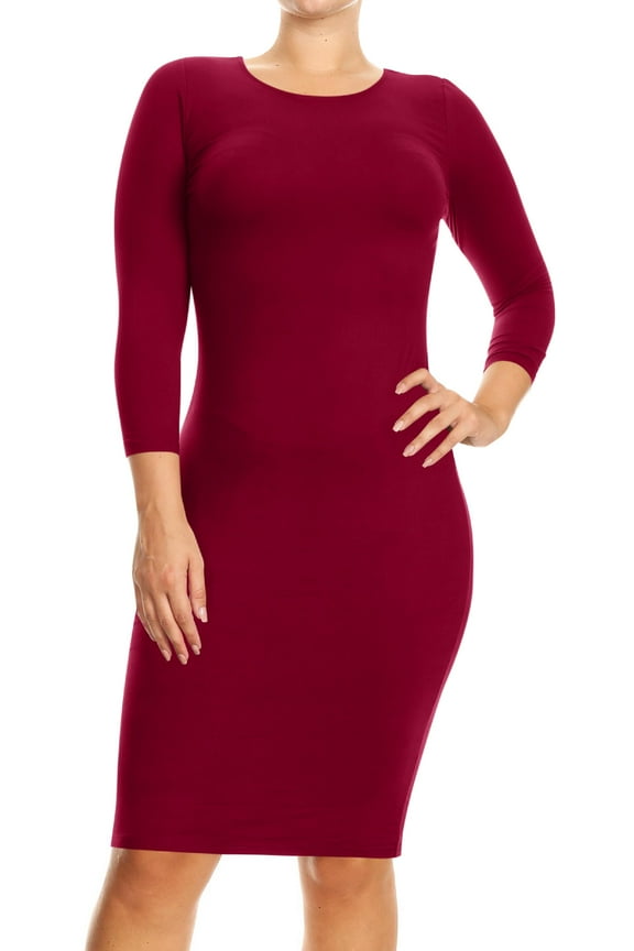 Women's Basic Casual Plus Size Stretch 3/4 Sleeves Solid Slim Fit Bodycon Midi Dress