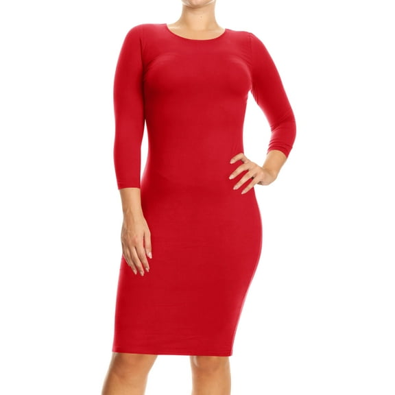 Women's Basic Casual Plus Size Stretch 34 Sleeves Solid Slim Fit Bodycon Midi Dress