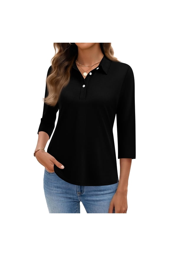 Women's Basic Collared Polo Shirts 3/4 Sleeve Button Up Casual Tops with Chest Pocket for Work Commute Daily Lounge Wear Black L