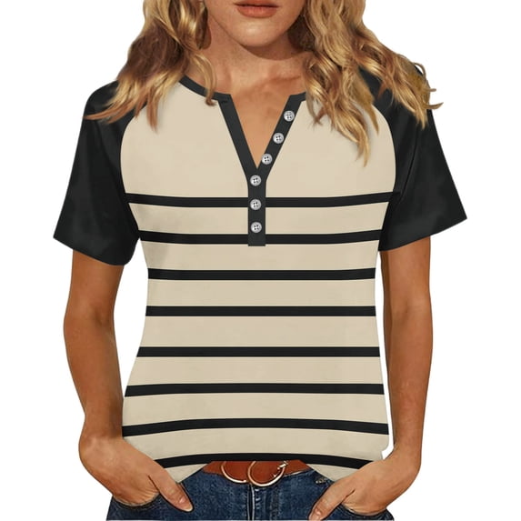 Women's Basic Color Block Short Sleeve Tees Henley V Neck Button Front Casual Summer Tops Daily Fashion T Shirts for Ladies Beige XL