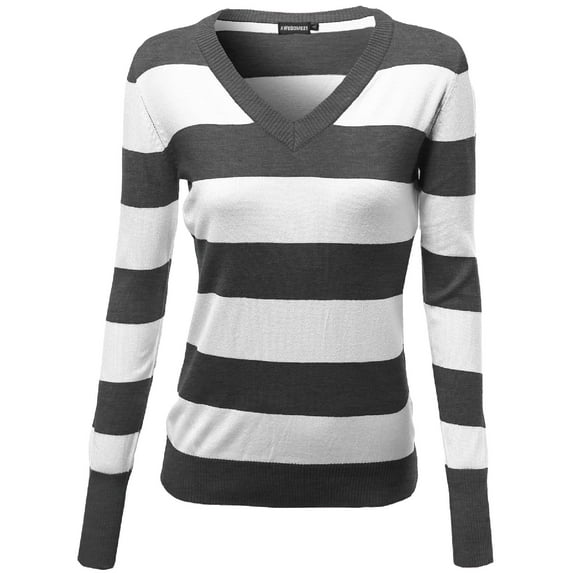 Women's Basic Cotton Based V-Neck Stripe Long Sleeves Knit Sweatshirt