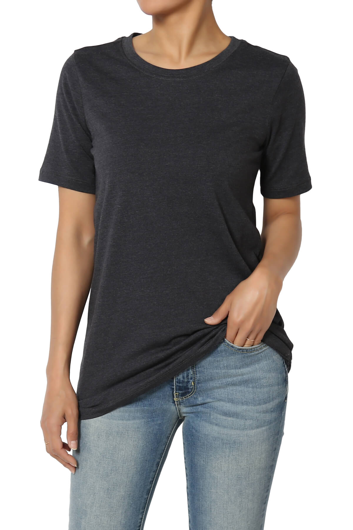 Women's Basic Cotton Span Crew Neck Relxed Slim Fit Tee Tunic Length T