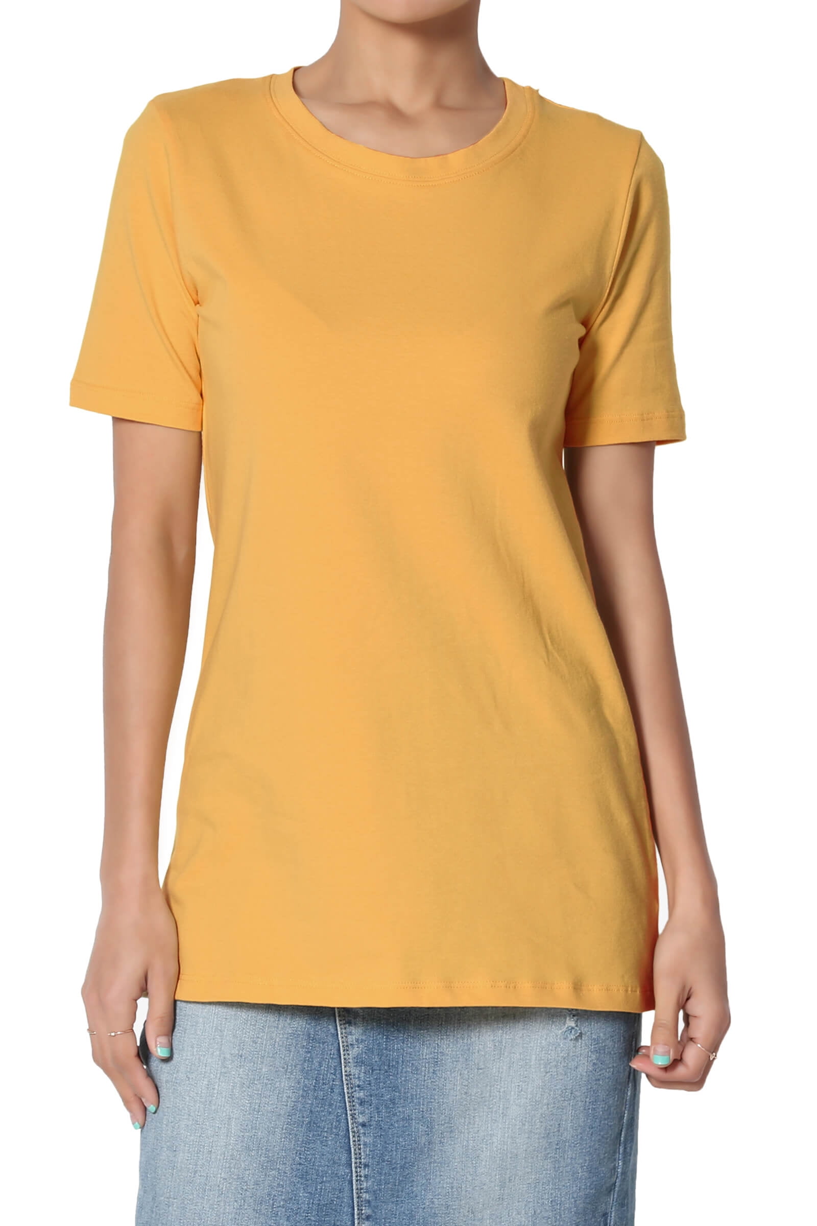 Women's Basic Cotton Span Crew Neck Relxed Slim Fit Tee Tunic Length T