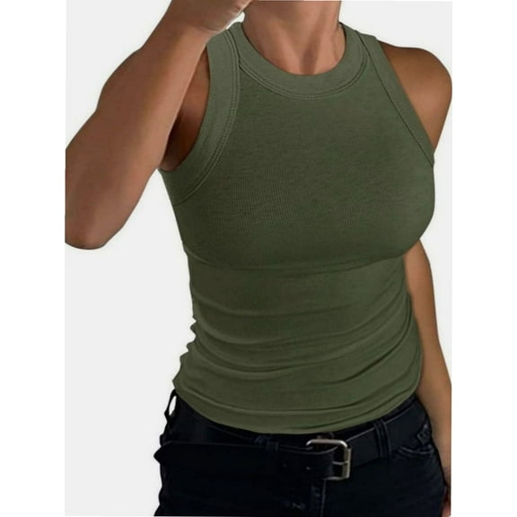 Women’s Basic Crew High Neck Sleeveless Casual Tank Top Ribbed Soft Tank Top