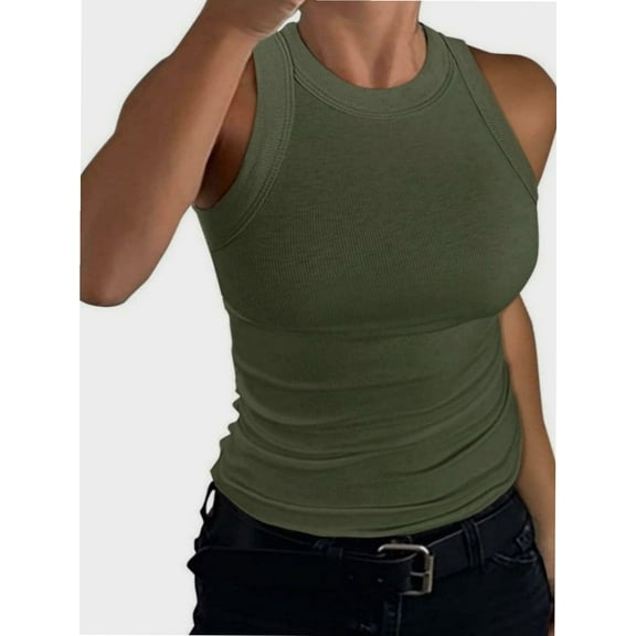Women’s Basic Crew High Neck Sleeveless Casual Tank Top Ribbed Soft Tank Top