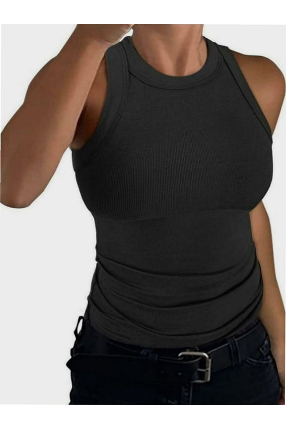 Women’s Basic Crew High Neck Sleeveless Casual Tank Top Ribbed Soft Tank Top