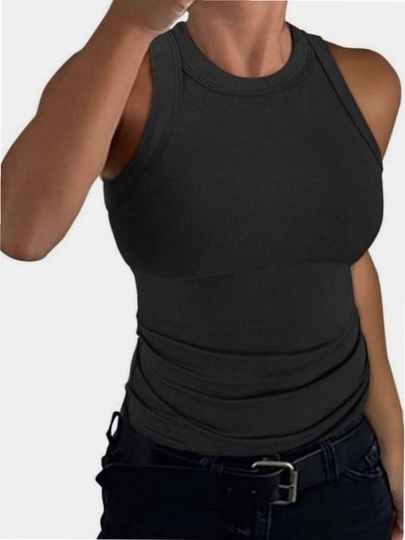 Women’s Basic Crew High Neck Sleeveless Casual Tank Top Ribbed Soft Tank Top