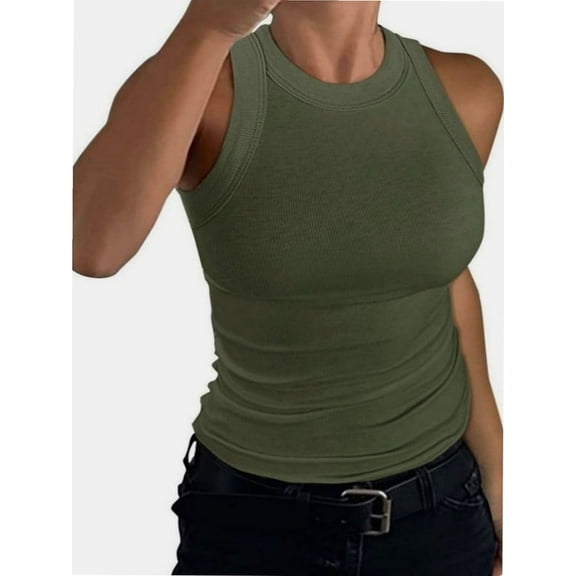Women’s Basic Crew High Neck Sleeveless Casual Tank Top Ribbed Soft Tank Top