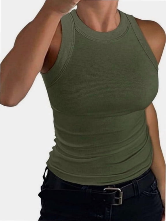 Women’s Basic Crew High Neck Sleeveless Casual Tank Top Ribbed Soft Tank Top