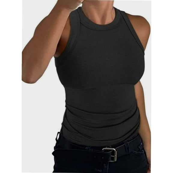 Women’s Basic Crew High Neck Sleeveless Casual Tank Top Ribbed Soft Tank Top