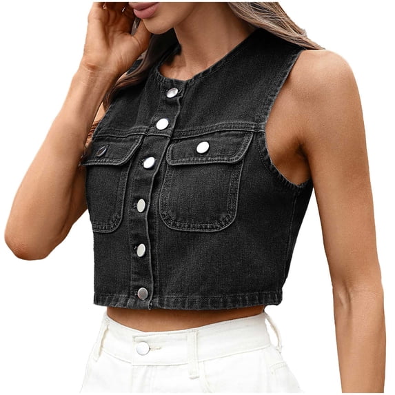 Women's Basic Denim Jacket Women's Cropped Denim Vests Sleeveless Crewneck Jean Jackets Button up Short Waistcoat with Pockets Girls Denim Jacket Black L