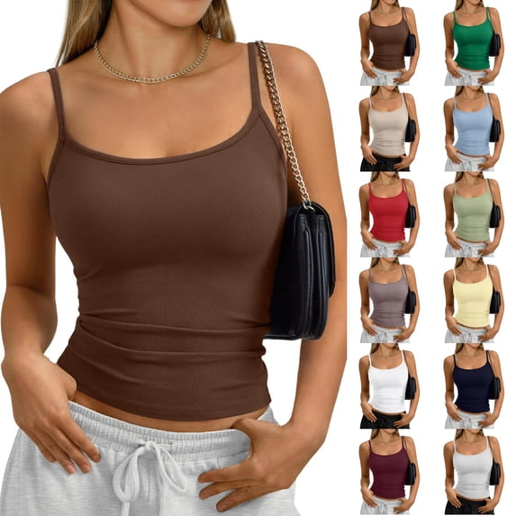 Women's Basic Double Lined Scoop Neck Tank Tops Adjustable Tank Summer Sleeveless Tops Yellow S