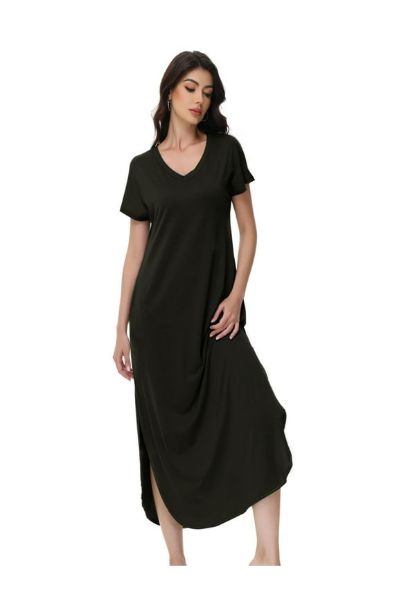 Women's Basic Dress – Short Sleeve Basic Stretch Casual Swing Flowy T Shirt Long One Piece