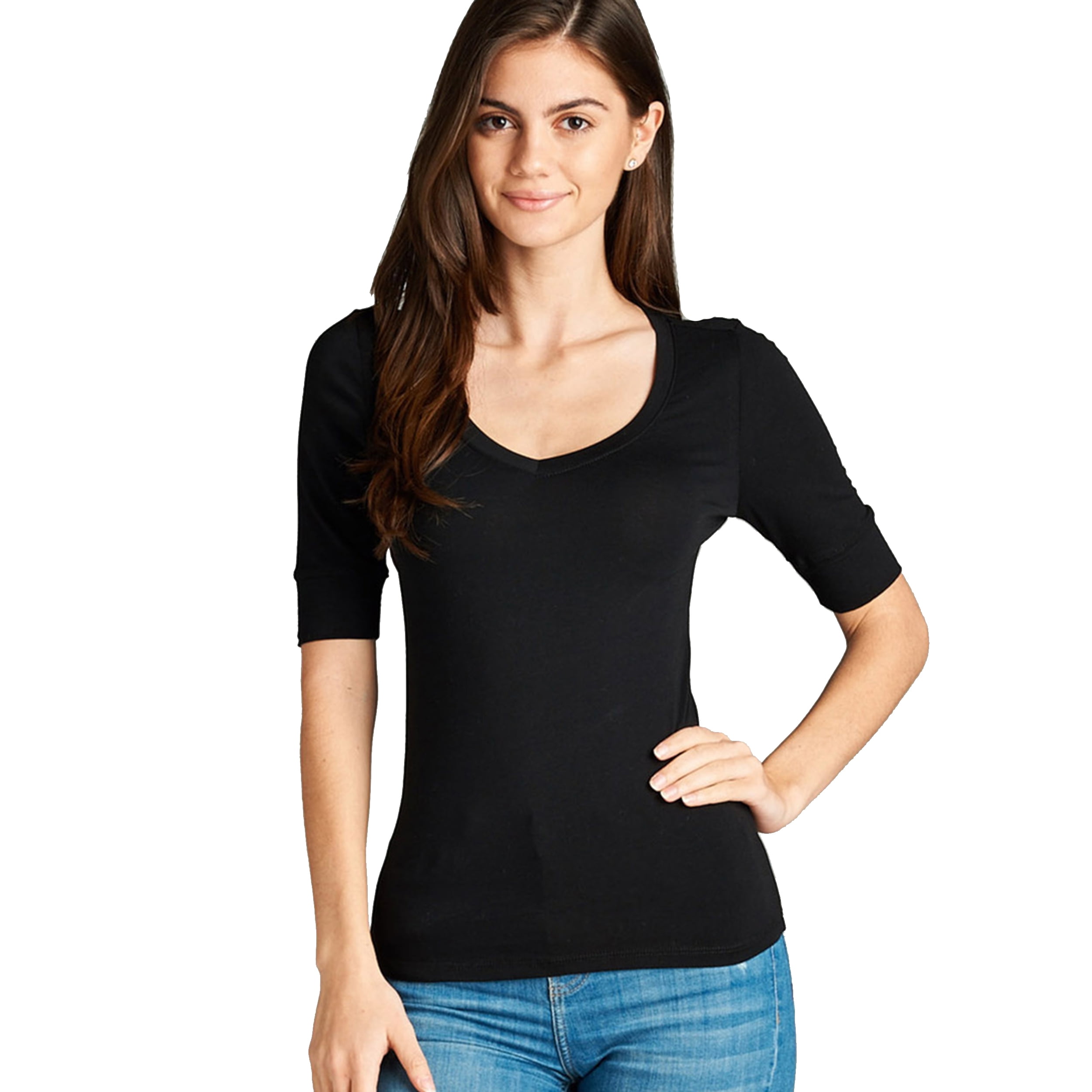 Women's Basic Elbow Sleeve VNeck Cotton TShirt Plain TopPlus Size Available