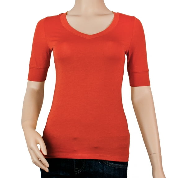 Women's Basic Elbow Sleeve V-Neck Cotton T-Shirt Plain Top-Plus Size Available