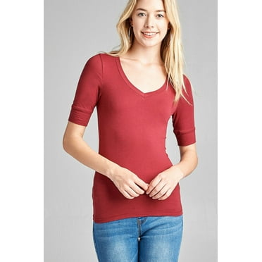 Women's Basic Elbow Sleeve V-Neck Short Sleeve T-Shirt Stretchy Top Half Sleeve Several Colors