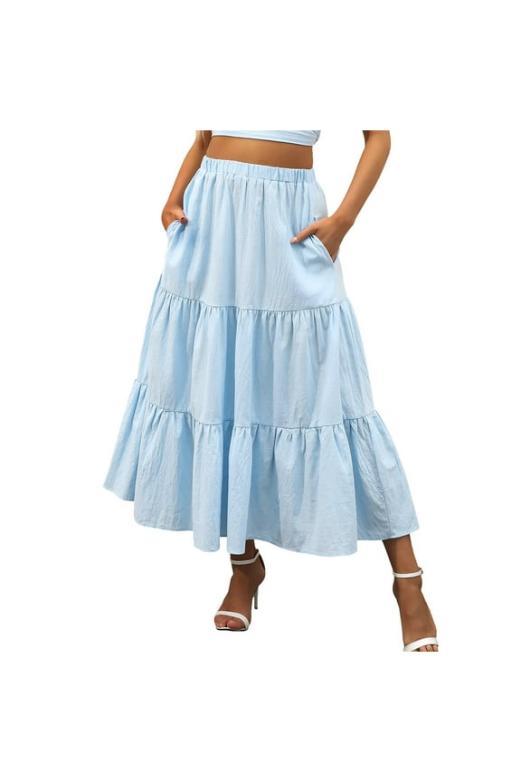 Women's Basic Flared Casual Skater Skirt Summer Boho Elastic Waist Pleated A-Line Flowy Swing Tiered Long Beach Skirt Dress With Pockets
