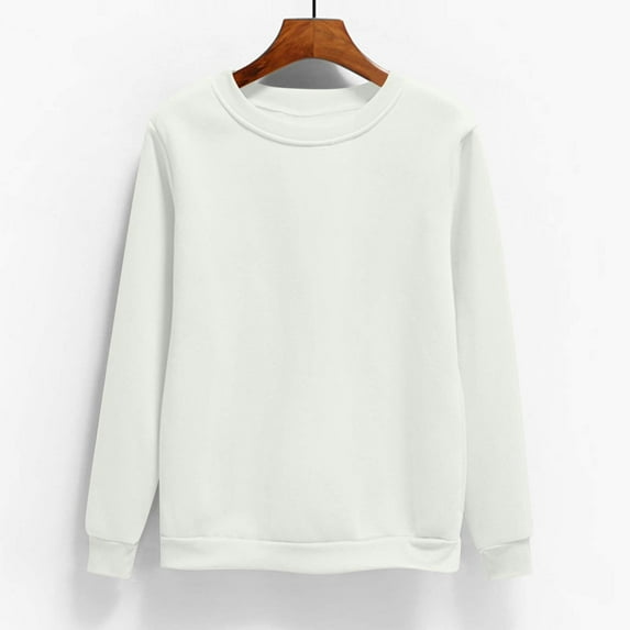 Women’s Basic Fleece Sweatshirt – Casual Long Sleeve Crewneck Pullover Solid Color Top, Comfortable Warm Sweater White