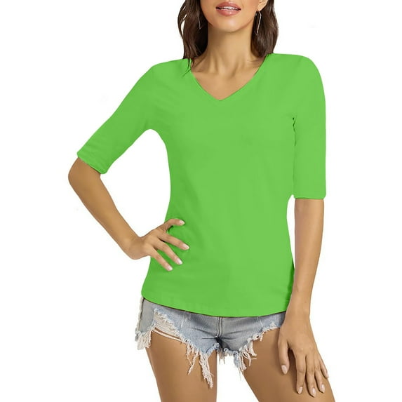 Women's Basic Half Sleeve V Neck T-Shirt Casual Solid Slim Cotton Top, 2025 Clearance